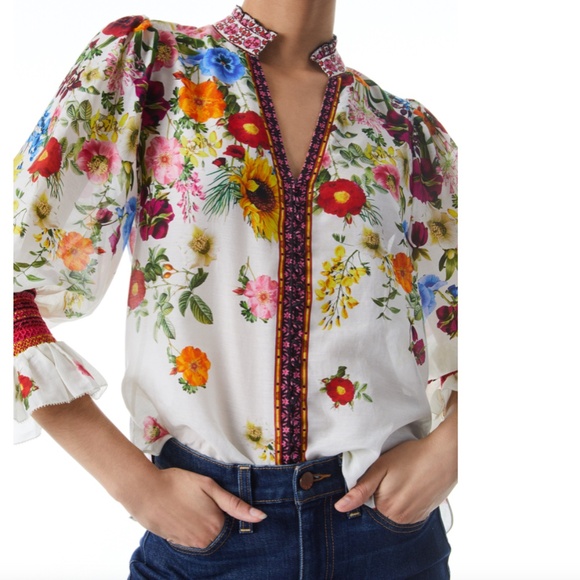 ALICE + OLIVIA Ilan Smocked Floral Blouse - Picture 1 of 14